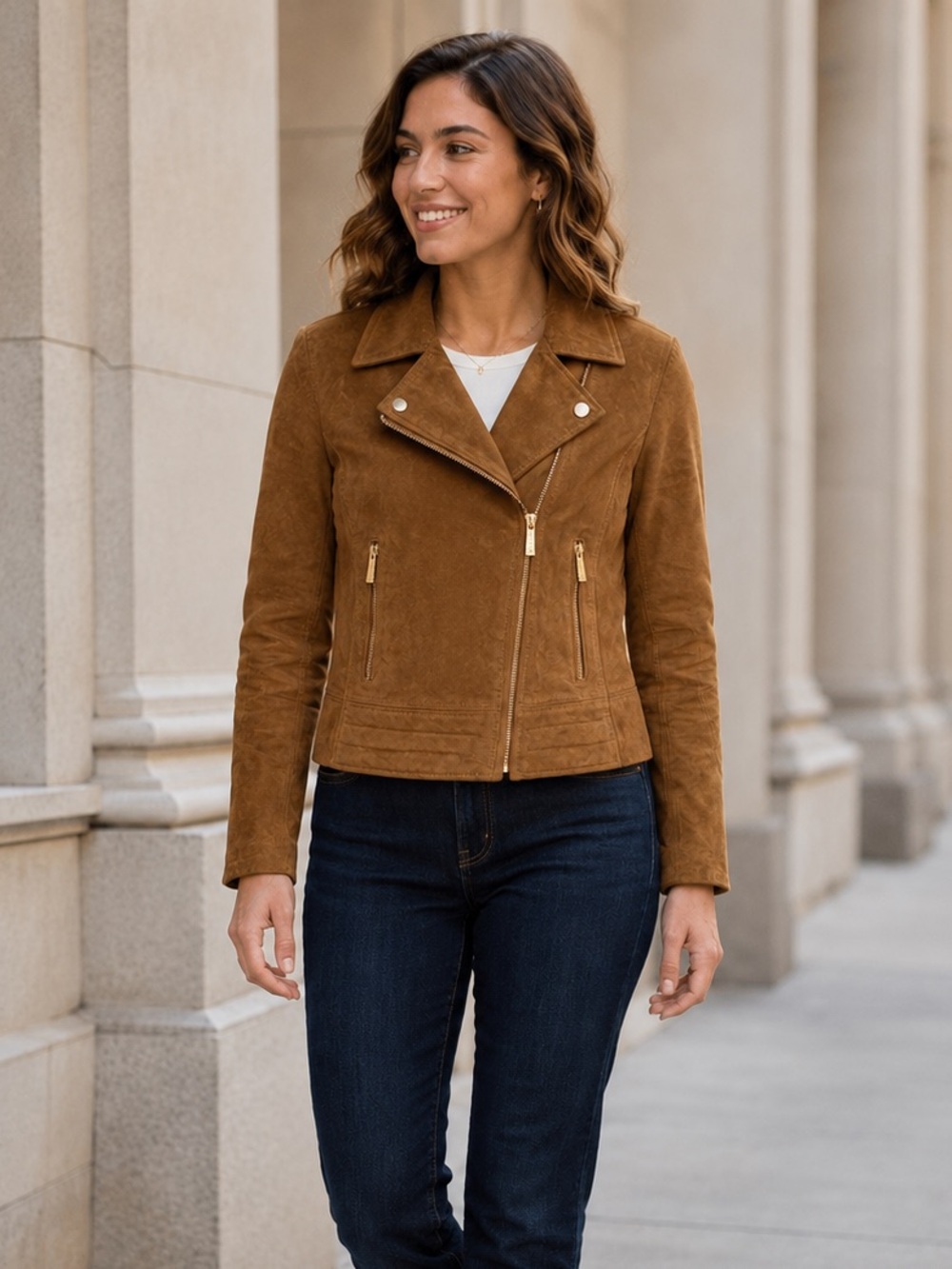 MICHAEL Michael Kors Cognac Suede Moto Biker Jacket Size Small